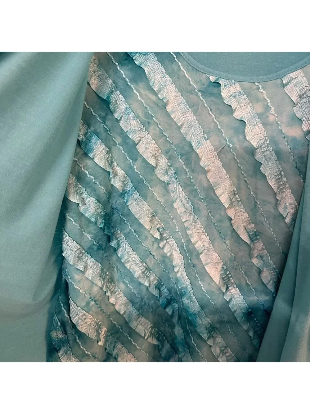 Kim Rogers Teal Short sleeve 2 Piece Look Dressy top Diagonal ribbons on insert